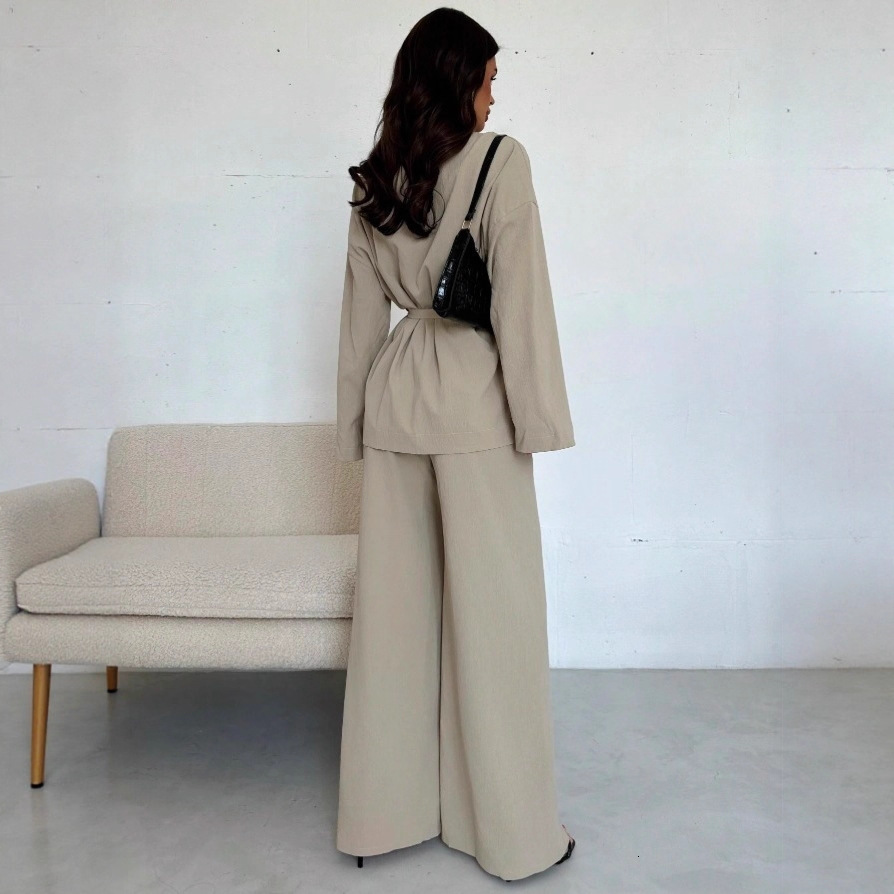2025 Autumn Winter European American Amazon Cross-Border Fashion V-Neck Women's Elegant Long Sleeve Wide-Leg Pants Set