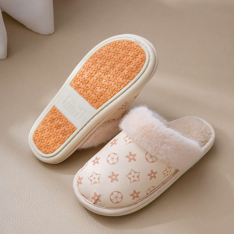 PU Waterproof Cotton Women, Autumn Winter New Style, Fleece-Lined, Warm, Non-Slip, Middle-Aged Elderly Slippers for Men, Indoor and Outdoor Wear