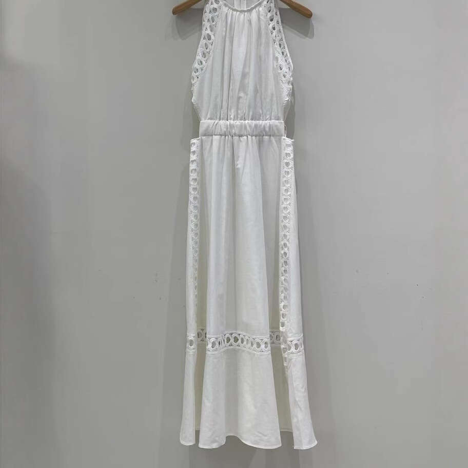 2026 Summer New French Style White Heart-shaped Hollow Lace Edge Halter Backless Dress