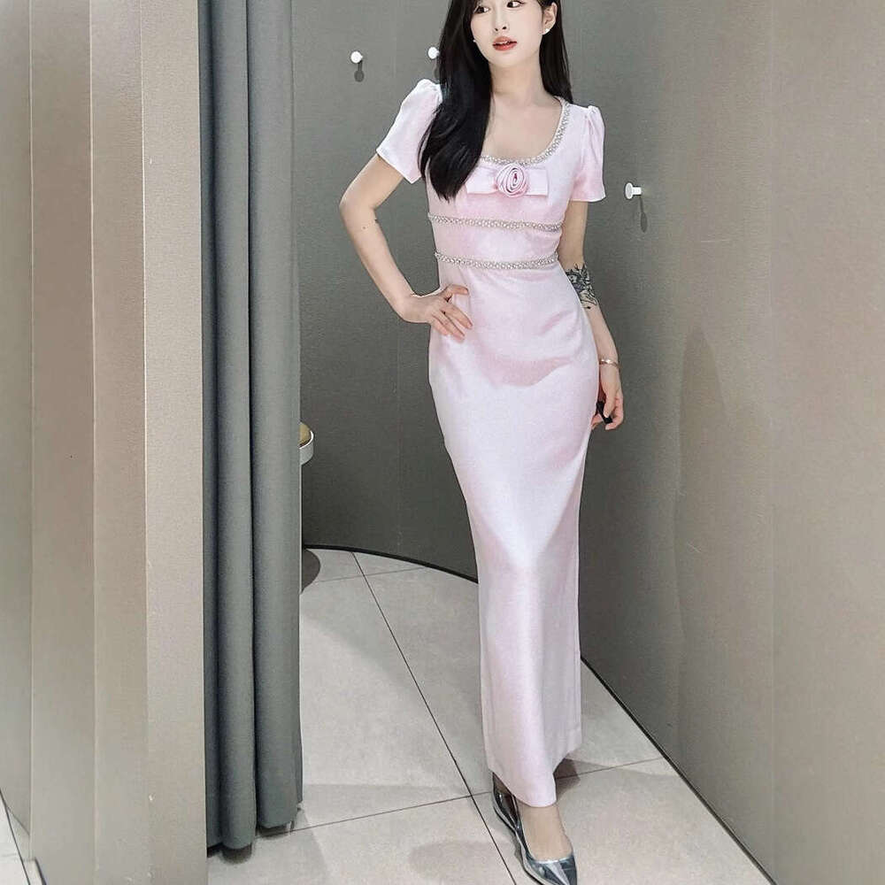 French Niche 26 Summer New Elegant Pink Rose Flower Large Round Neck Short Sleeve Dress Long Skirt