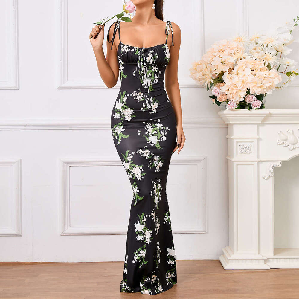 I Am Lin'er Same Style European Size Runs Large Floral Pleated Backless Tie Strap Long Bodycon Mermaid Dress