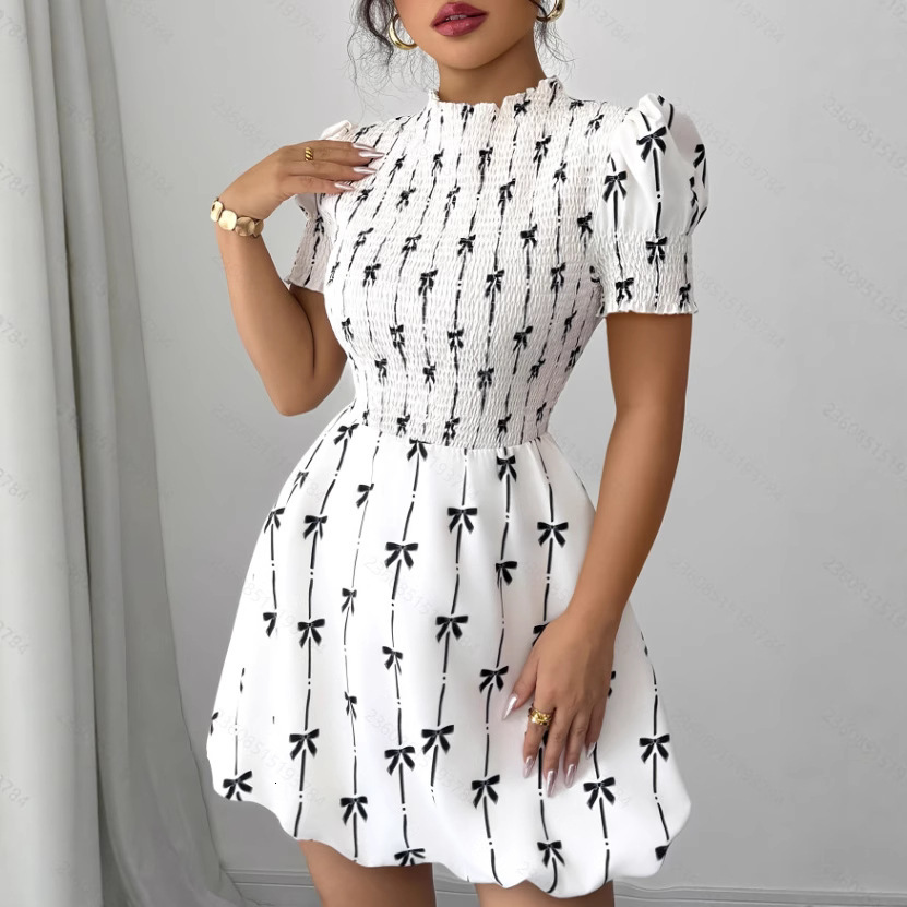 Luxury Brand Designer Clothes European And American 2025 Summer New Ruffled Sleeve Women's Bow Pullover Dress