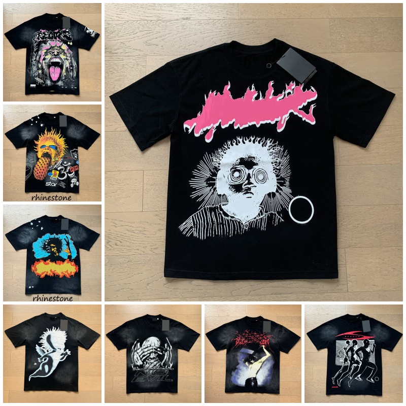 26ss high quality graphic tee rhinestone shirt designer shirt men hip hop shirt fashion streetwear shirts thick loose fit shirt party shirt S--XL
