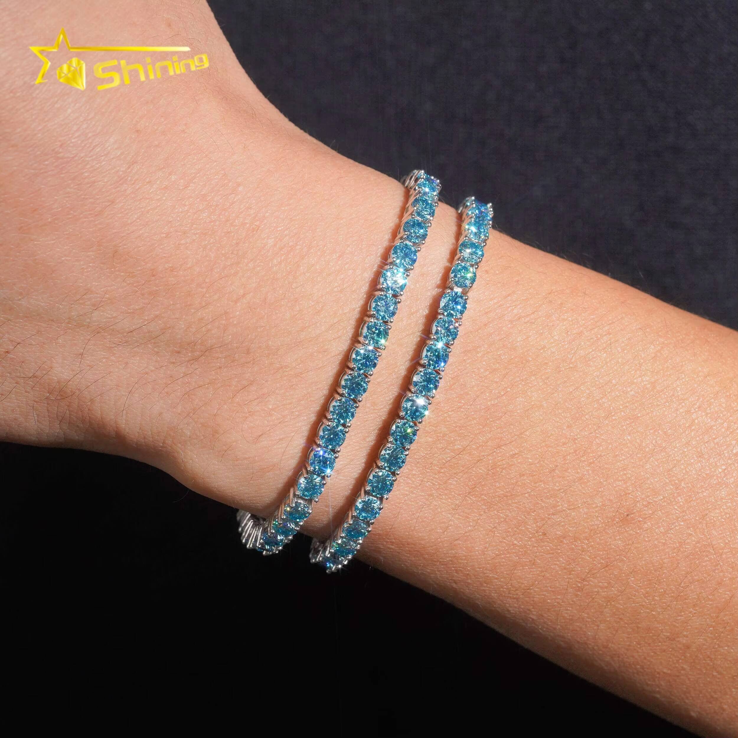 Fine Jewelry 925 Silver D VVS 3mm 4mm Blue Moissanite Tennis Bracelet Custom Trending Bracelets for Women Men
