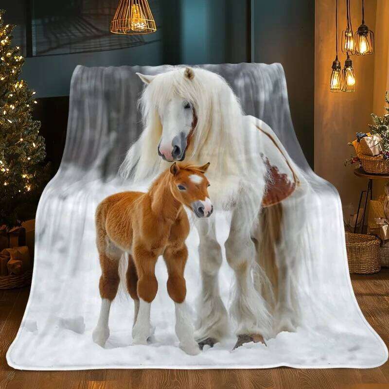 1pc White Horse and Foal in Snow Pattern HD Print Blanket - Lightweight Flannel Throw for Sofa Bed Travel Livingroom Office