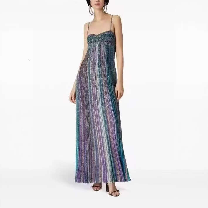 2026 Summer New Fashion Vacation Style Color Block Sequin Striped Knitted Slim Fit Elegant Spaghetti Strap Dress