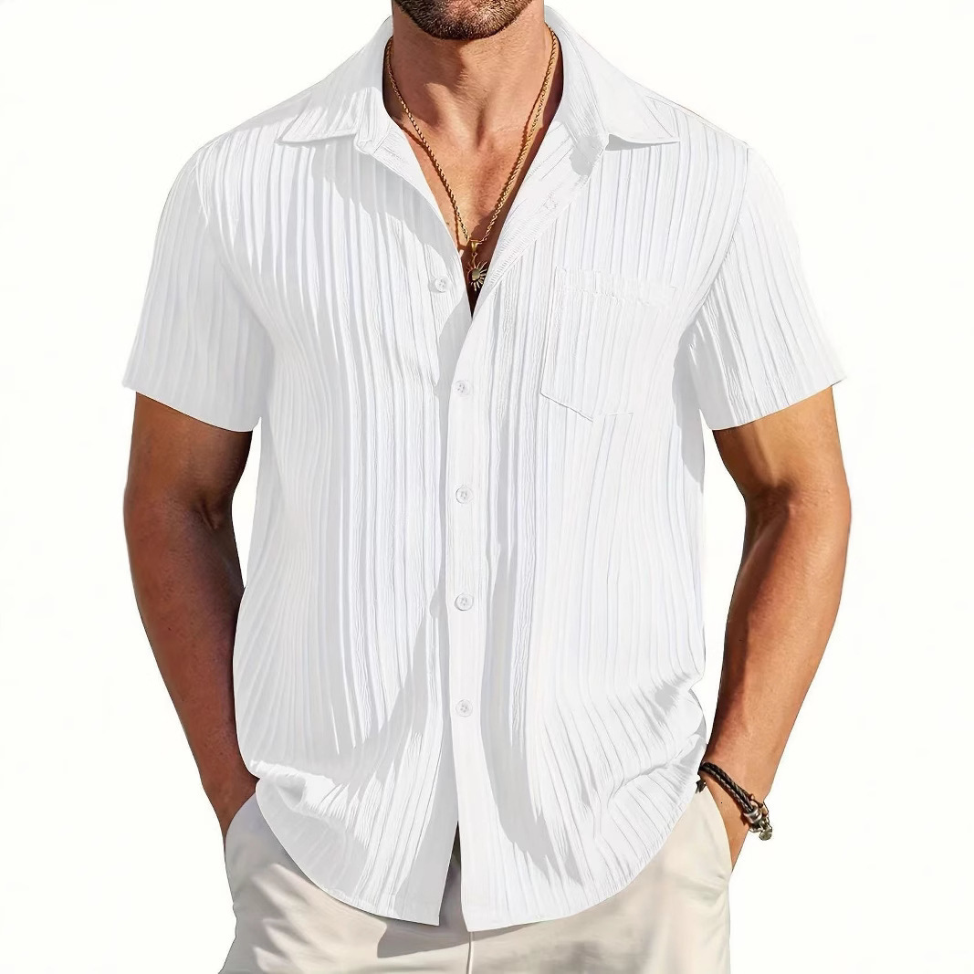 Mens Solid Color Wave Textured Button Up Short Sleeves Shirt 240816