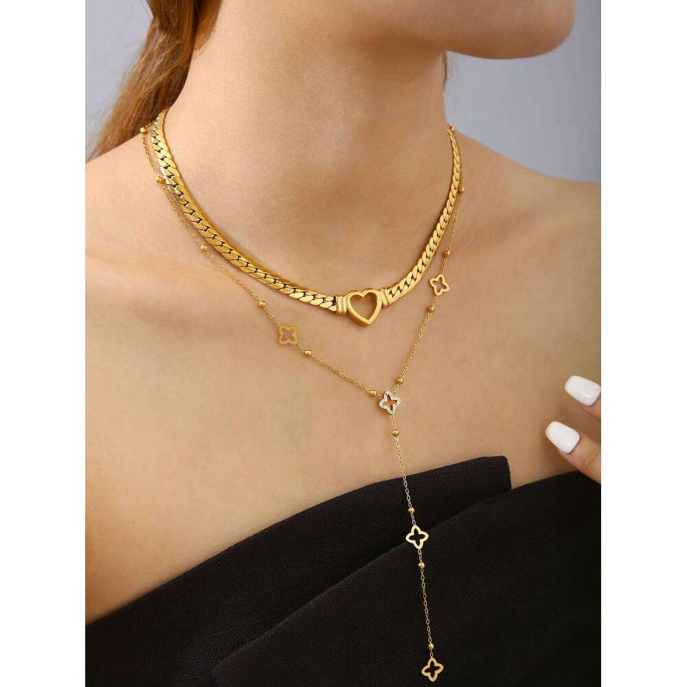 Jewellery Necklace Luxury Stainless Steel Four-Leaf Clover Diamond-Studded Y-Chain Hollow Heart Collar for Party and Anniversary Gift High Quality Tex