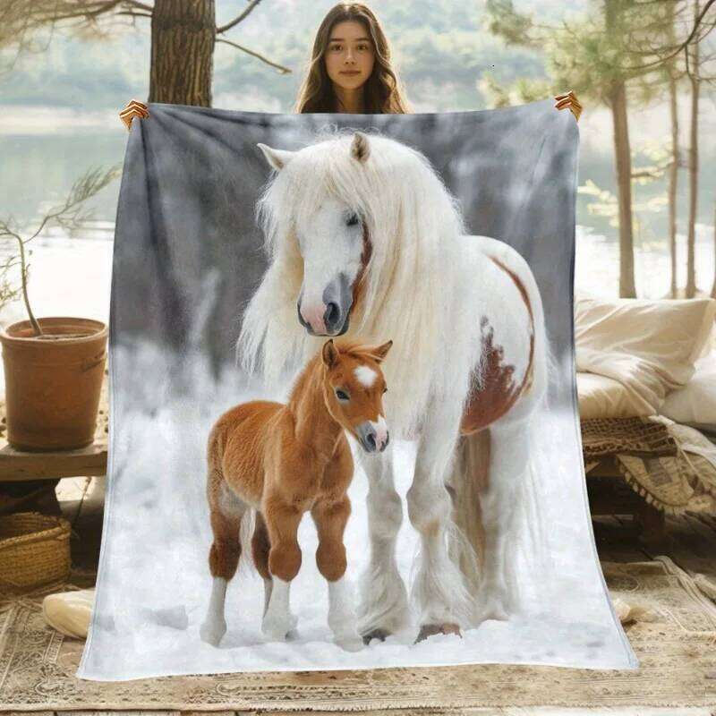 1pc White Horse and Foal in Snow Pattern HD Print Blanket - Lightweight Flannel Throw for Sofa Bed Travel Livingroom Office