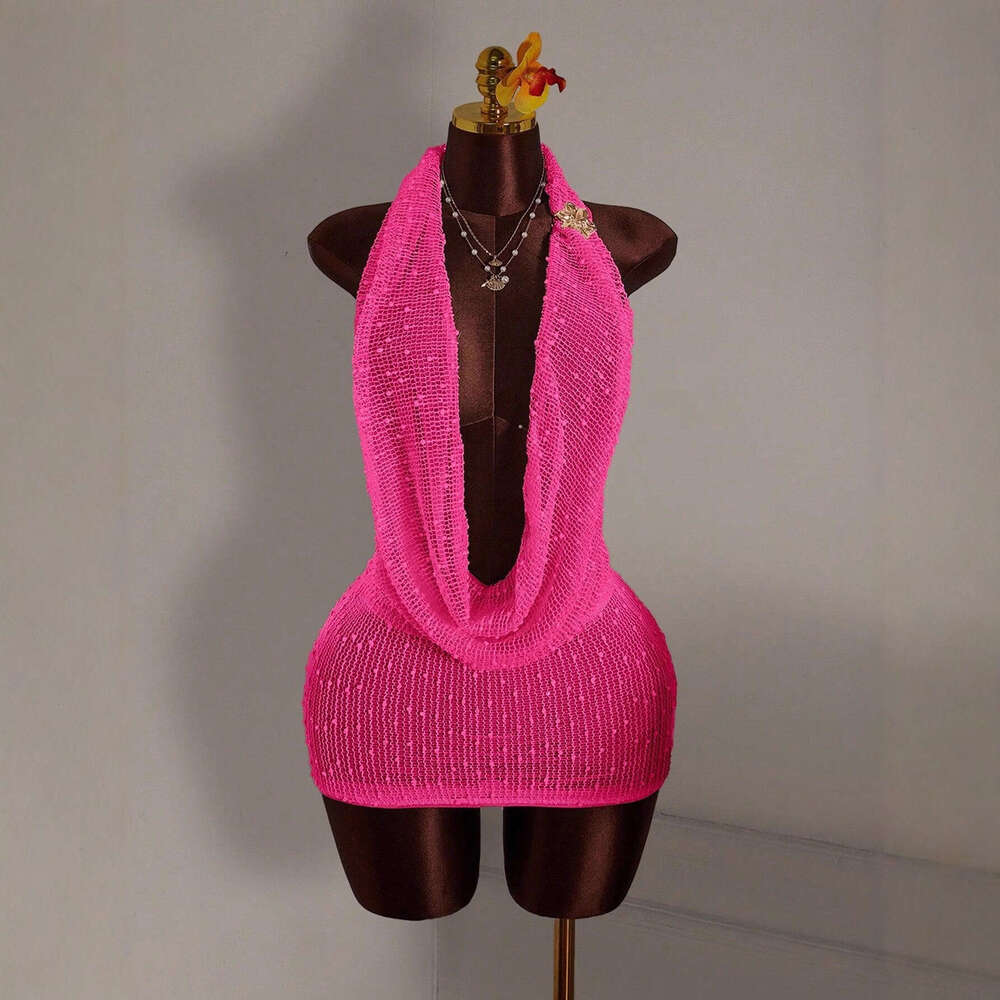 European and American New Cross-Border Women's Fashion Sexy Hot Girl Knitted Halter Neck Pile Collar Backless Sleeveless Woolen Dress Short Skirt