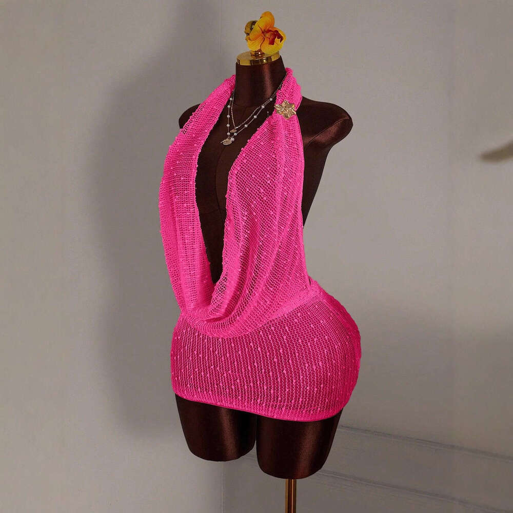 European and American New Cross-Border Women's Fashion Sexy Hot Girl Knitted Halter Neck Pile Collar Backless Sleeveless Woolen Dress Short Skirt