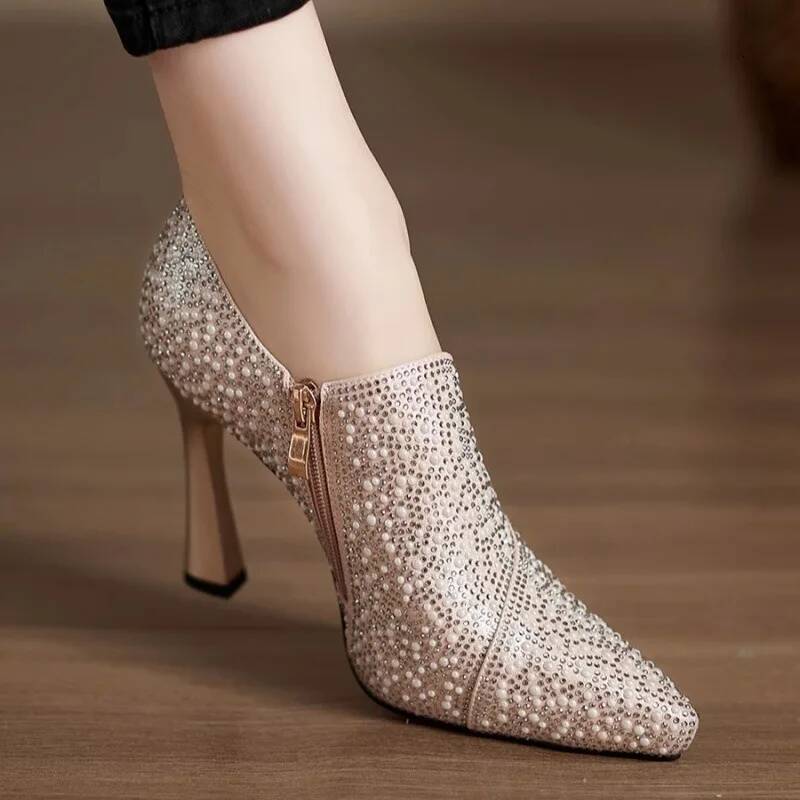 Rhinestone Heels Sexy Pointed Toe High Heel Single Luxury Pearl Crystal Wedding Shoe Champagne Pumps Bride Shoes ddmythur