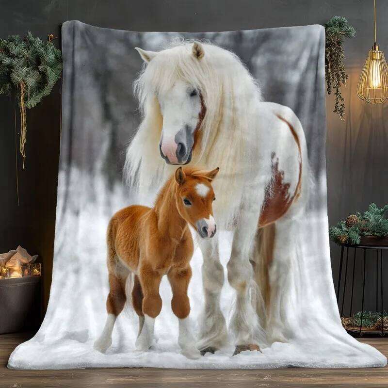 1pc White Horse and Foal in Snow Pattern HD Print Blanket - Lightweight Flannel Throw for Sofa Bed Travel Livingroom Office
