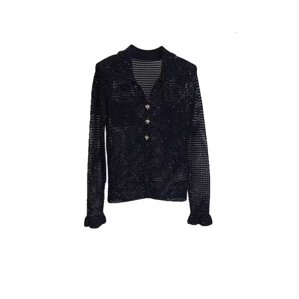 2026 Spring Summer SP Classic Black Diamond Embellished Beaded Long Sleeve Knitted Cardigan Top