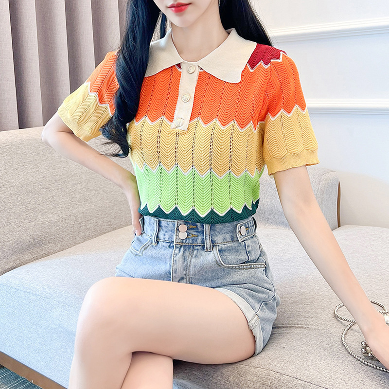Summer Design Loose Rainbow Striped Polo Neck TShirt Ice Silk Knit for Women 230419