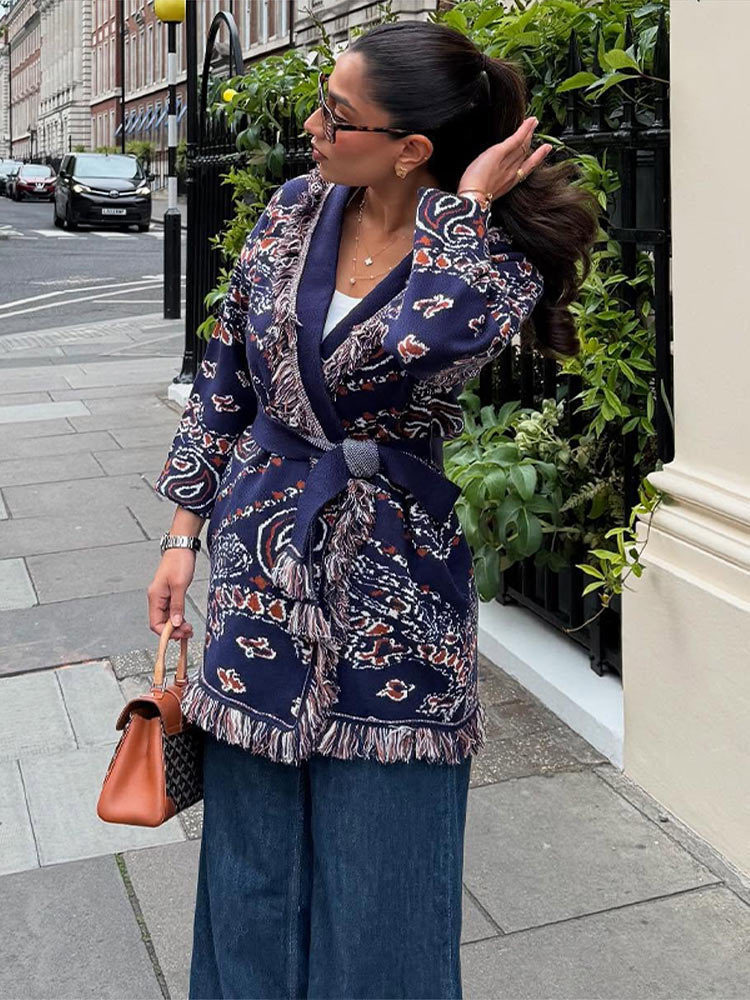 2025 Autumn Winter New Womens Clothing Altay Ethnic Style Tassel Loose Turn-Down Collar Womens Cardigan Sweater Coat for Women Autumn