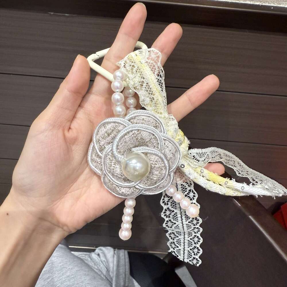 Bag Charm Keychain French Camellia Pearl Tassel with Lace Ribbon for Handbag Phone Decoration
