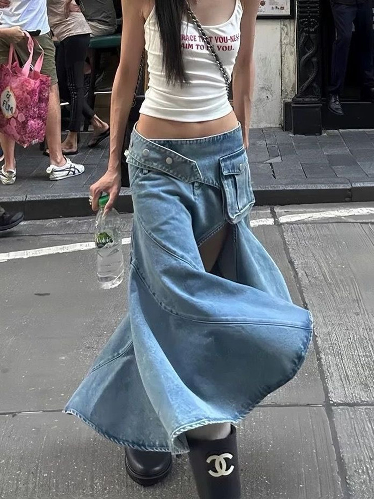 Irregular denim skiing summer personalized high waisted loose fitting streetwear mid length Midi skiing Y2k layered hem clothing 250430