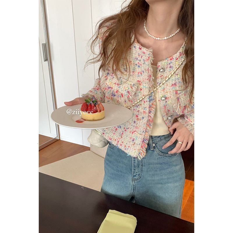 French celebrity small fragrance rainbow short coat womens Korean style versatile temperament tweed tassel Jacket Top 230726