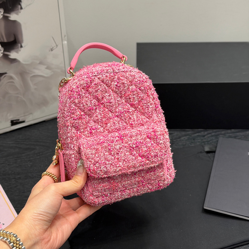 25P Women Designer Cotton Wool Tweed Mini Backpack Bags With Top Handle Clutch Totes Lovely Zipper Makeup Purse Zipper Pouch Sac Matelasse Chain Pocket 13x18cm