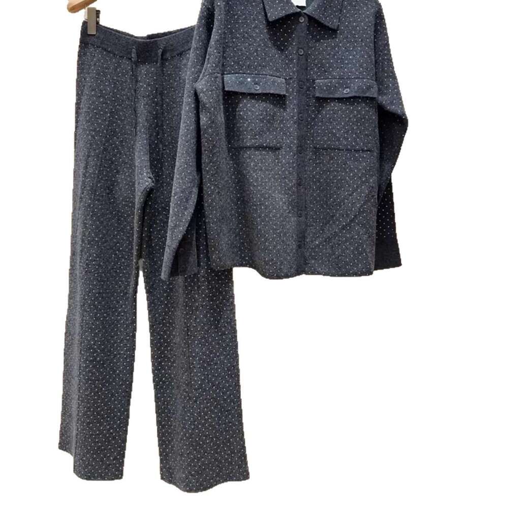 French Elegant 26 Autumn Winter Dimur Style Fashionable Gray Rhinestone Decorated Turn-Down Collar Knitted Cardigan + Long Pants Set