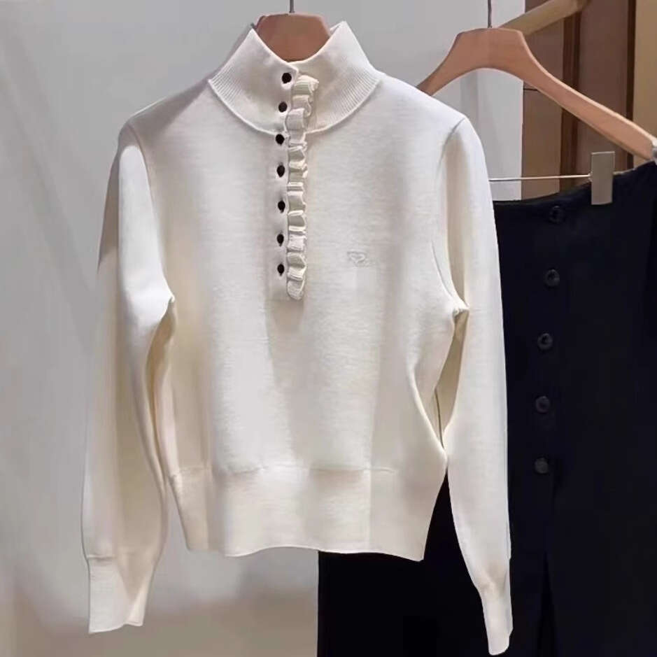 Fadan S Home 2026 Autumn Winter New White Ruffled High Neck Loose Long Sleeve Solid Color Knitted Pullover Top