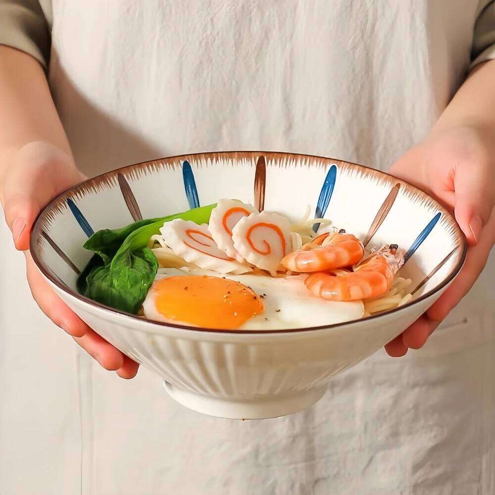 Kitchenware Household Dining Room Tableware Premium Ceramic Ramen Bowl Soup Noodle Bowl Outdoor Living Room Bucket Design Threaded Soup Bowl for Noodl