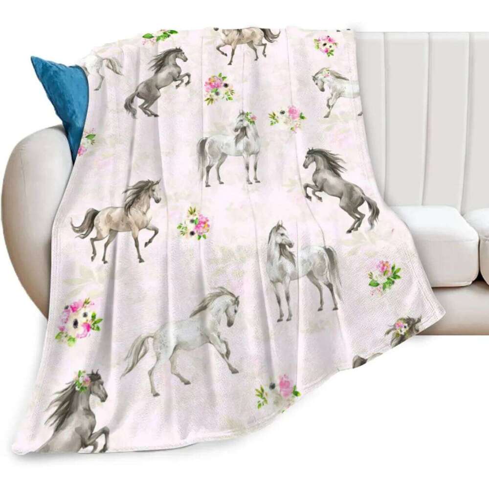 Horse Blanket Gift Girls Women Cartoon Horses Flannel Cute Farm Animal Blankets Soft Lightweight for Lovers Decor Sofa Bed