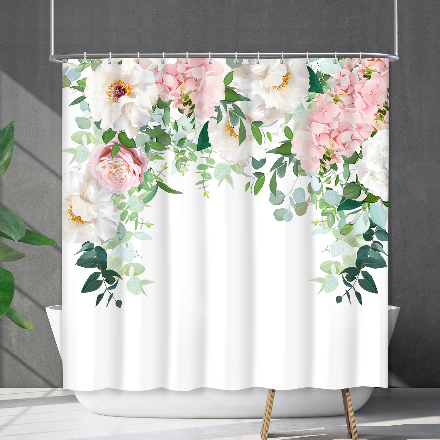 YL-38180 Waterproof Shower Curtain Set with Floral and Plant Designs, Shower Covering Curtain, No Drill Required