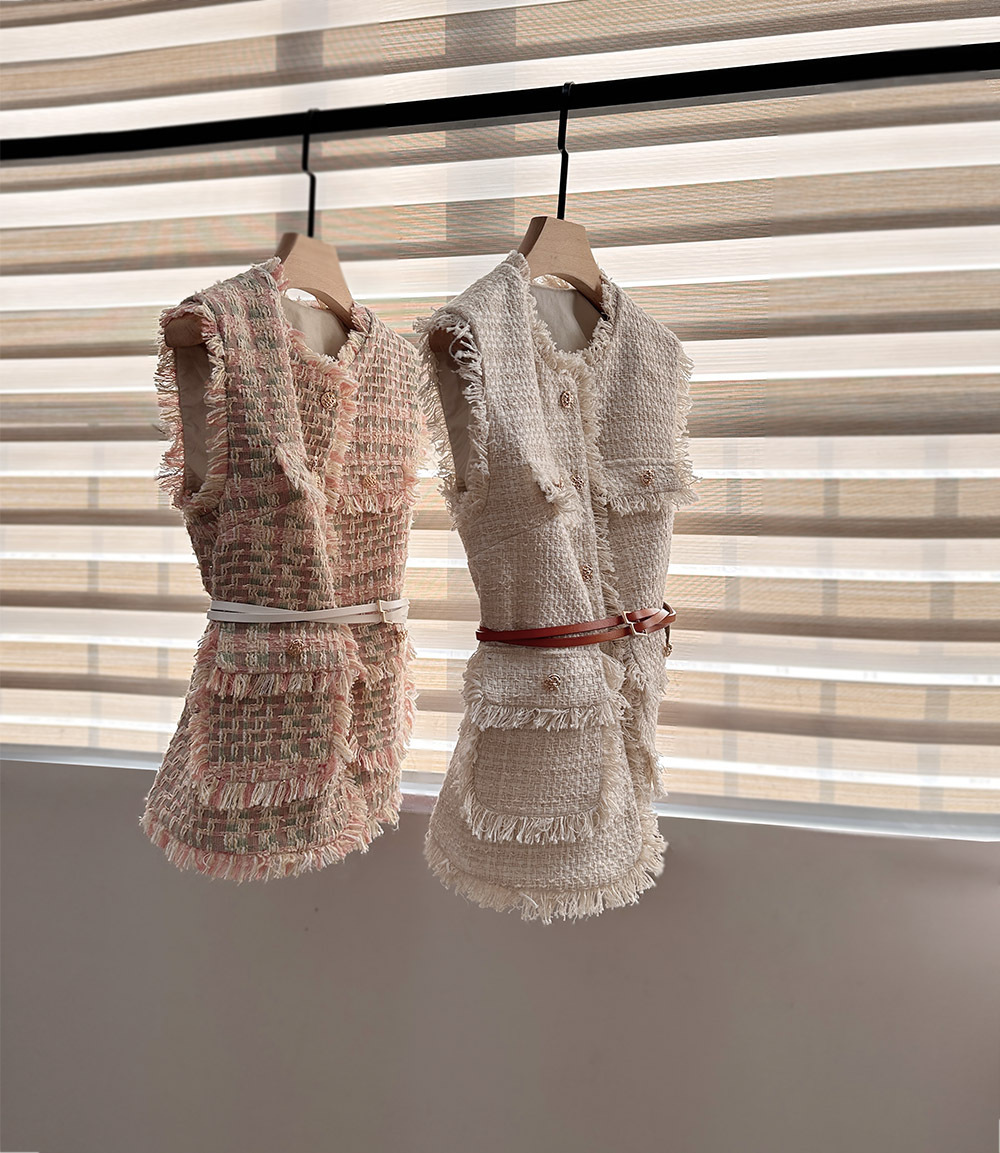 Vintage Tweed Vest Slim Crop Tops Autumn Fashion Feminino tweed Vest French Waistcoat Ruffled Blouse 240823