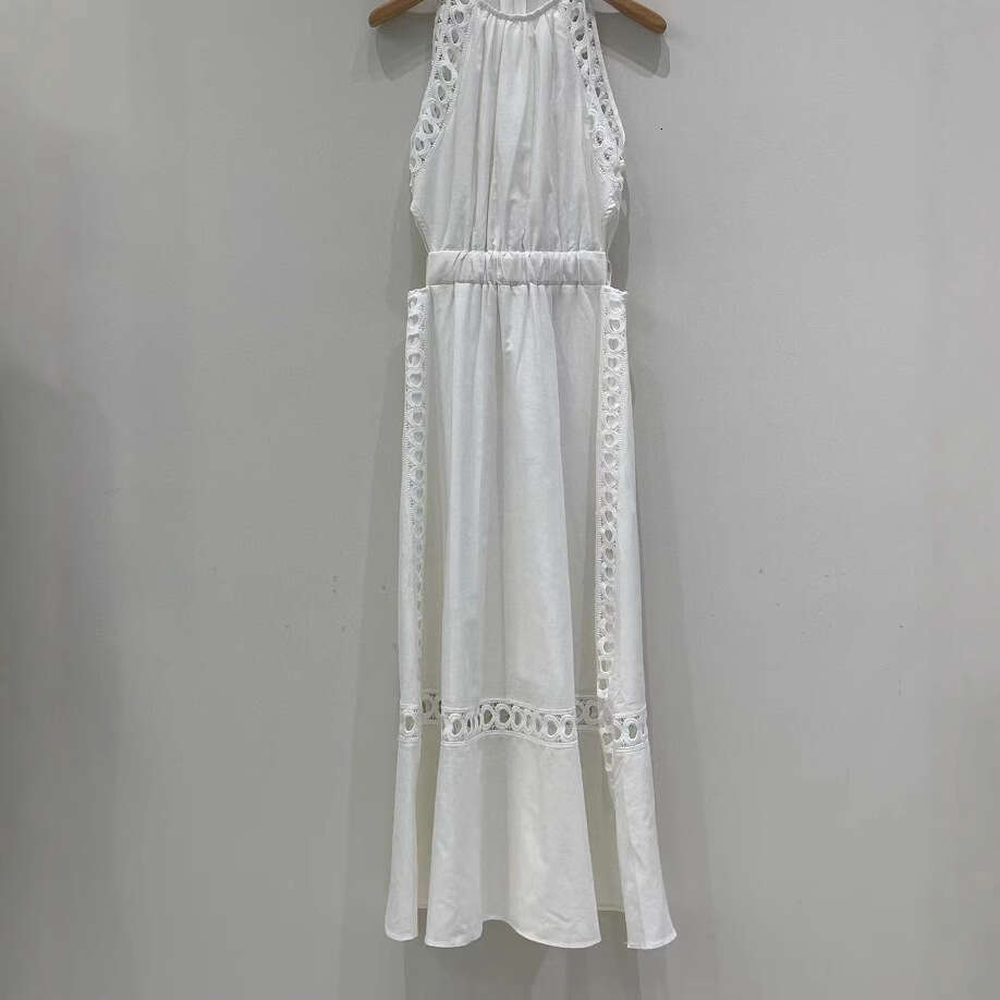 2026 Summer New French Style White Heart-shaped Hollow Lace Edge Halter Backless Dress