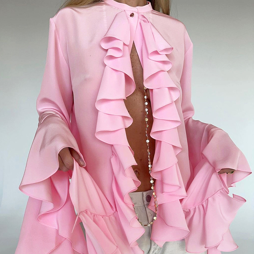 Flare Sleeve Solid Irregular Slim Blouse Top Women Ruffles Halter Lace-up Summer Blouses Chic Dropship 240821