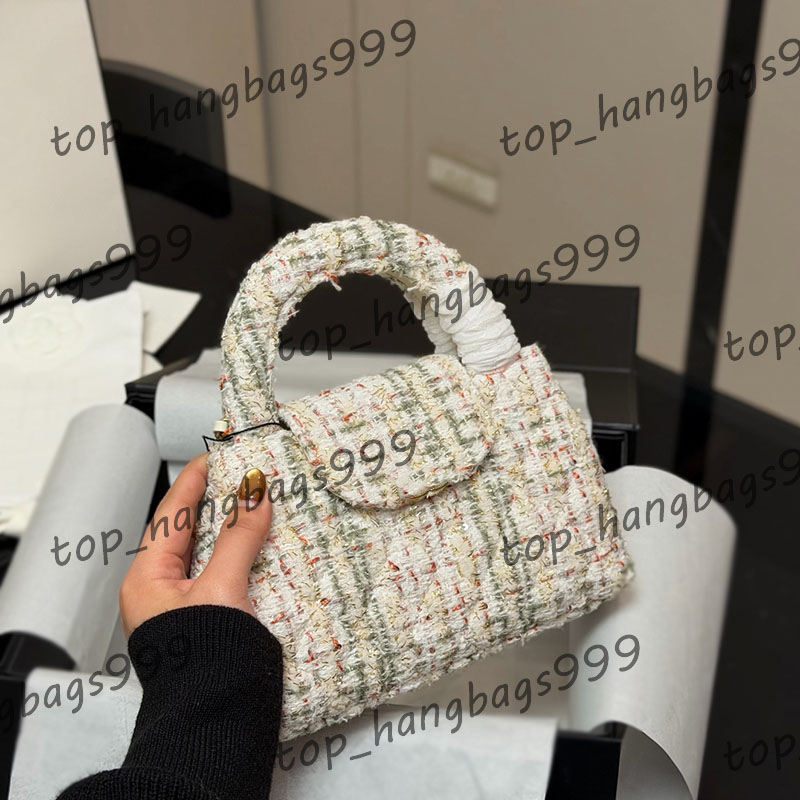 3Colors 23K Womens Clutch Suitcase Top Handle Totes Bags Wool Cotton Tweed Mixed Fibers Handbag Gold Metal Hardware Matelasse Chain Crossbody Vanity Purse 20x12cm