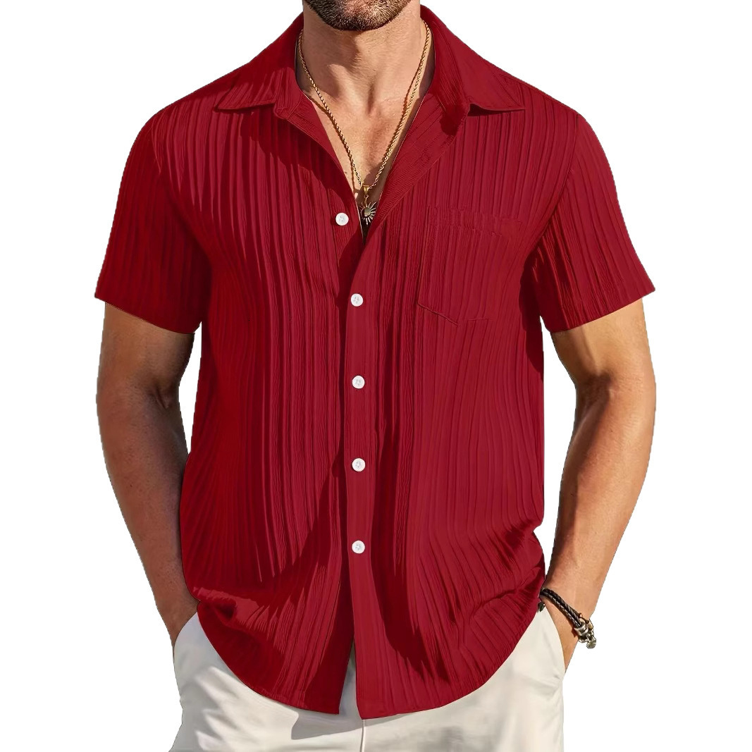Mens Solid Color Wave Textured Button Up Short Sleeves Shirt 240816