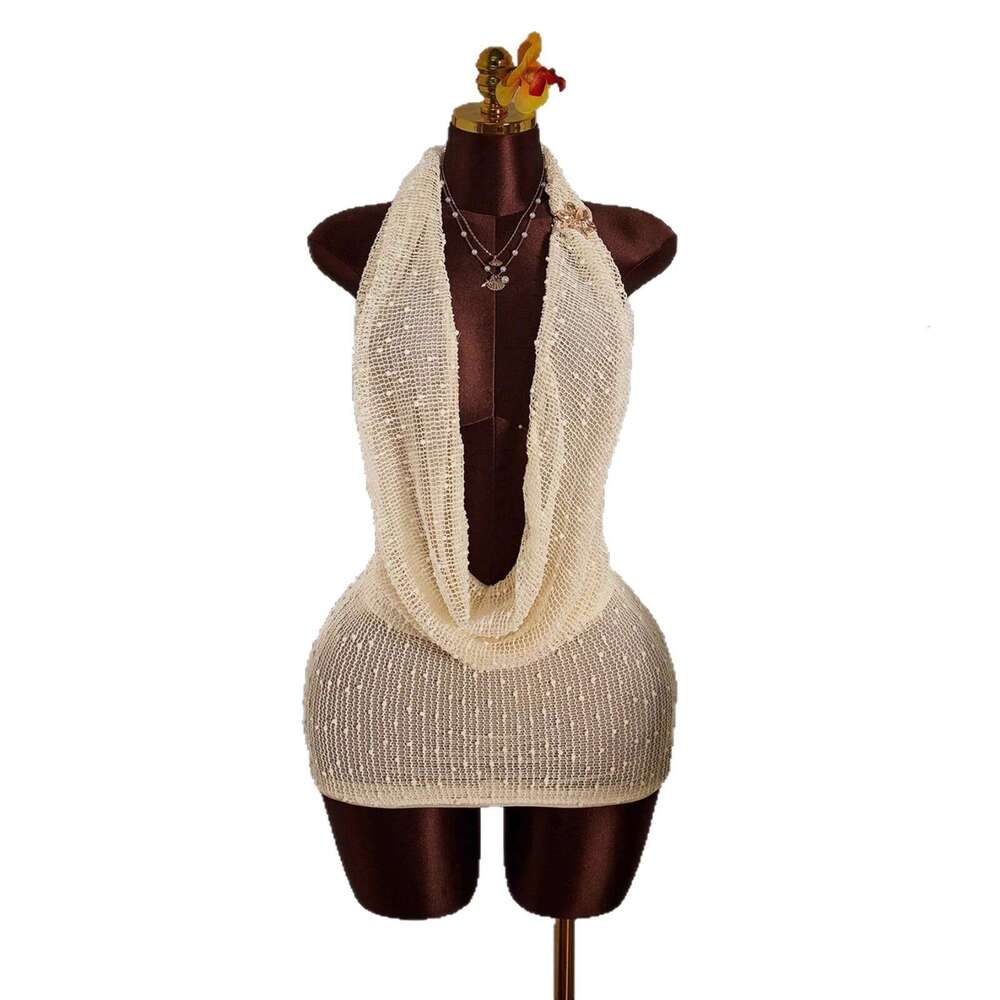 European and American New Cross-Border Women's Fashion Sexy Hot Girl Knitted Halter Neck Pile Collar Backless Sleeveless Woolen Dress Short Skirt