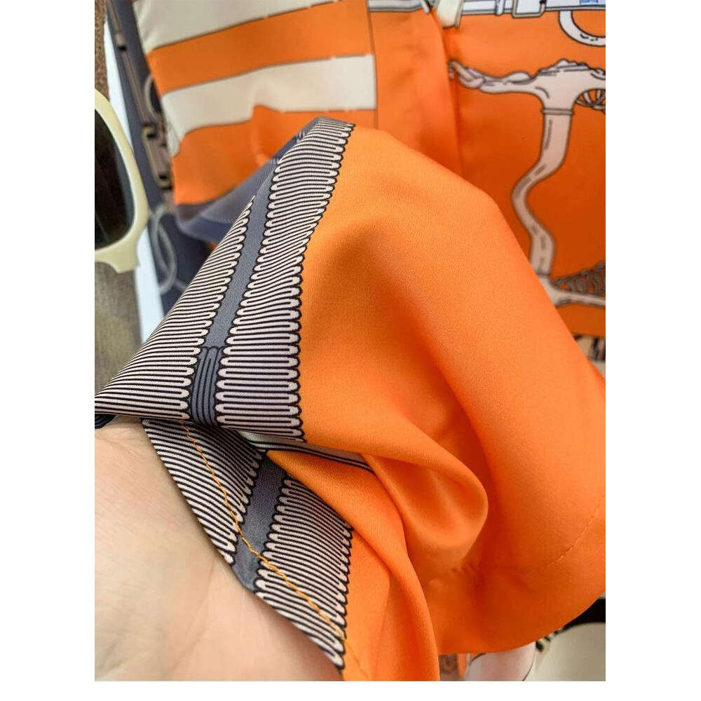 Women's Blouses Silk Orange Blue Equestrian Print Shirt Long Sleeve Casual Button-Down Blouse Lady Top Clothes Printing Plus Size