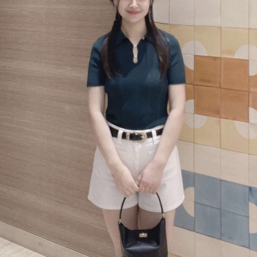 2026 Early Autumn Elegant Fashion Slim Fit Polo Collar Hollow Metal Chain Short Sleeve Knitted T-Shirt Top