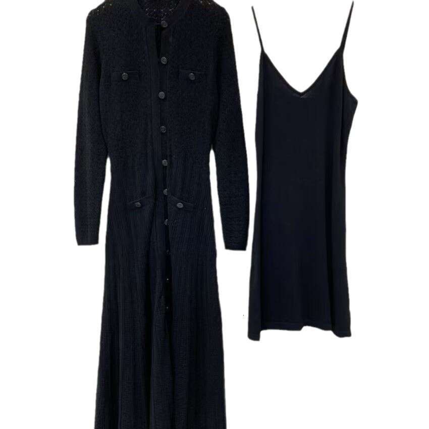 S French Niche 2026 Autumn New Hepburn Style Black Hollow Knitted Button Slim Fit Dress Long