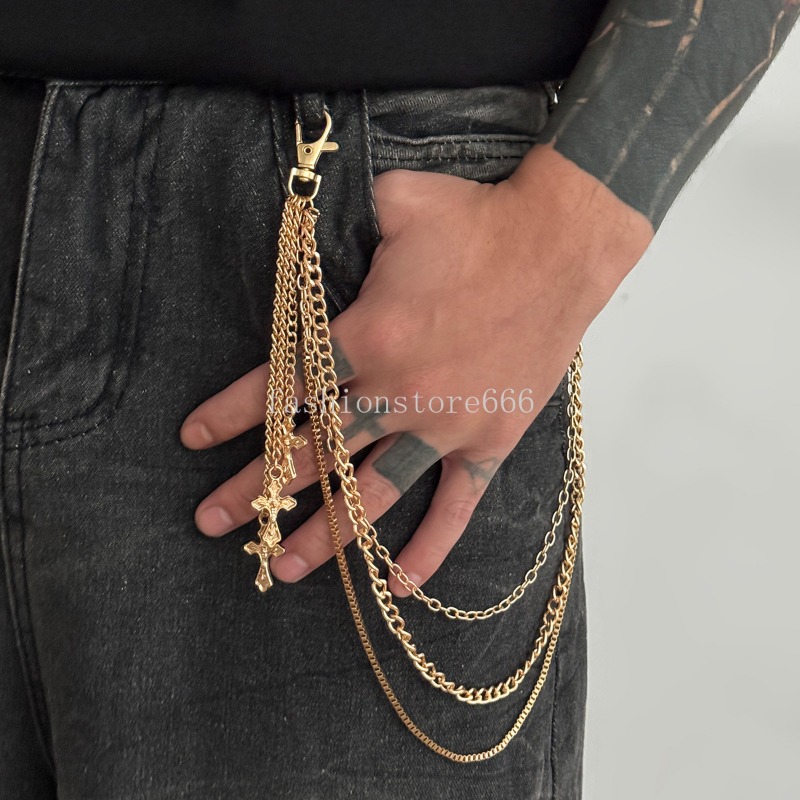 Punk Rock Gold Color Multilayer Cross Pendant Jeans Pants Chain Metal Keychain Men Unisex Fashion Charm Accessories Jewelry