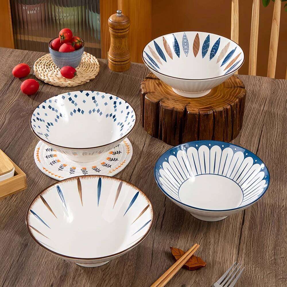 Kitchenware Household Dining Room Tableware Premium Ceramic Ramen Bowl Soup Noodle Bowl Outdoor Living Room Bucket Design Threaded Soup Bowl for Noodl