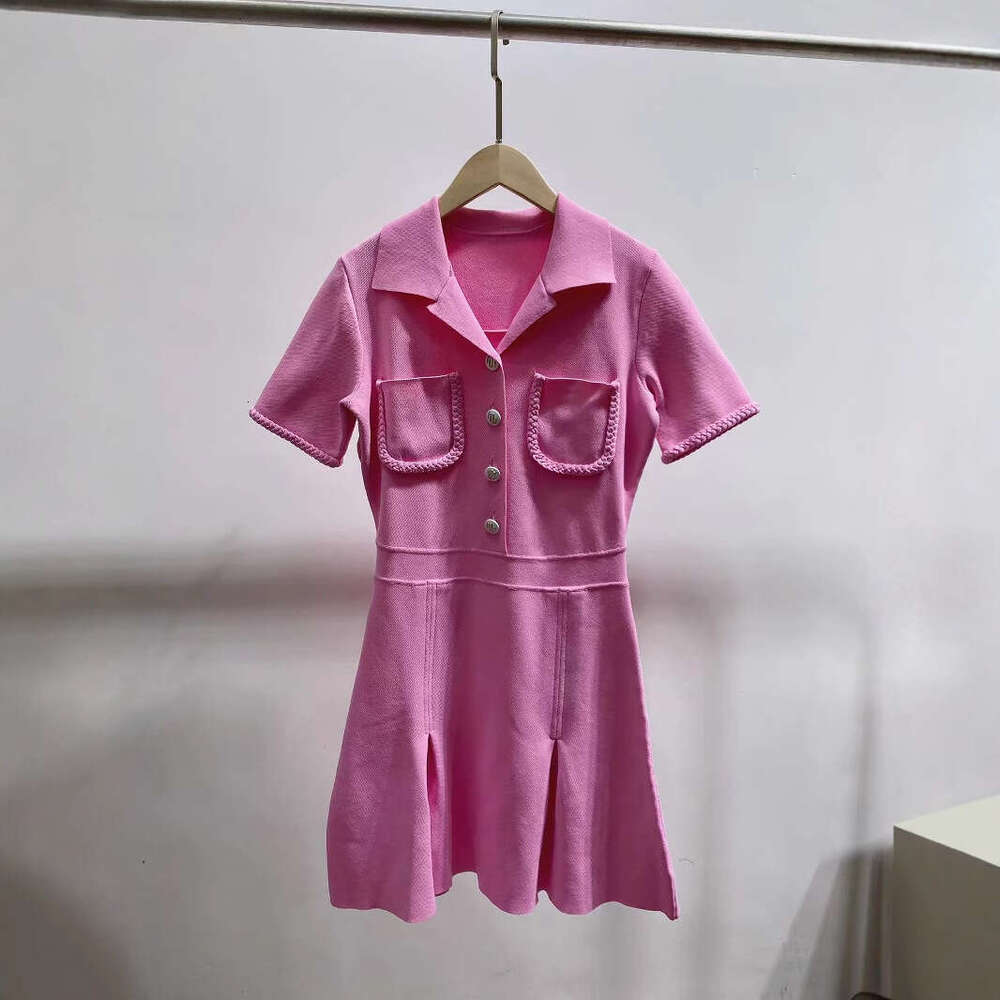Fadan M Brand 2026 Spring Summer New Polo Collar Pink Braided Edge Slim Knitted Dress for Women