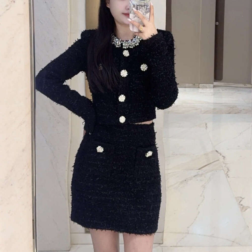 French Niche 26 Autumn Winter New Thousand Gold Style Diamond-Studded Round Neck Knitted Cardigan Jacket + High Waist Skirt Set