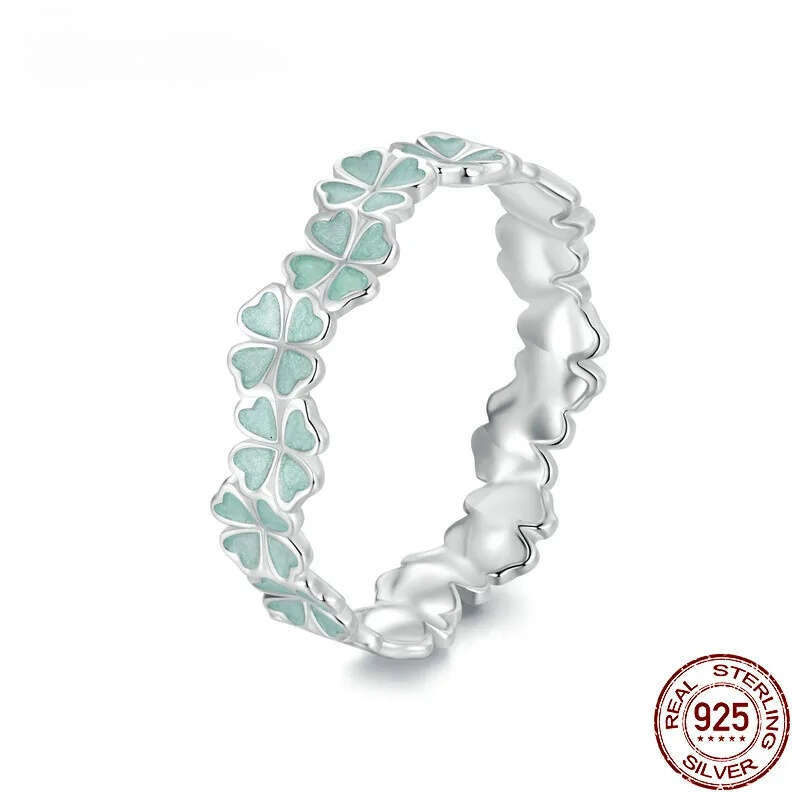 Ring Jewellery 925 Sterling Silver Four Leaf 1 Clover Mint Green Leaves Vine Adjustable Band for Party Daily Wear Gift High Quality Texture