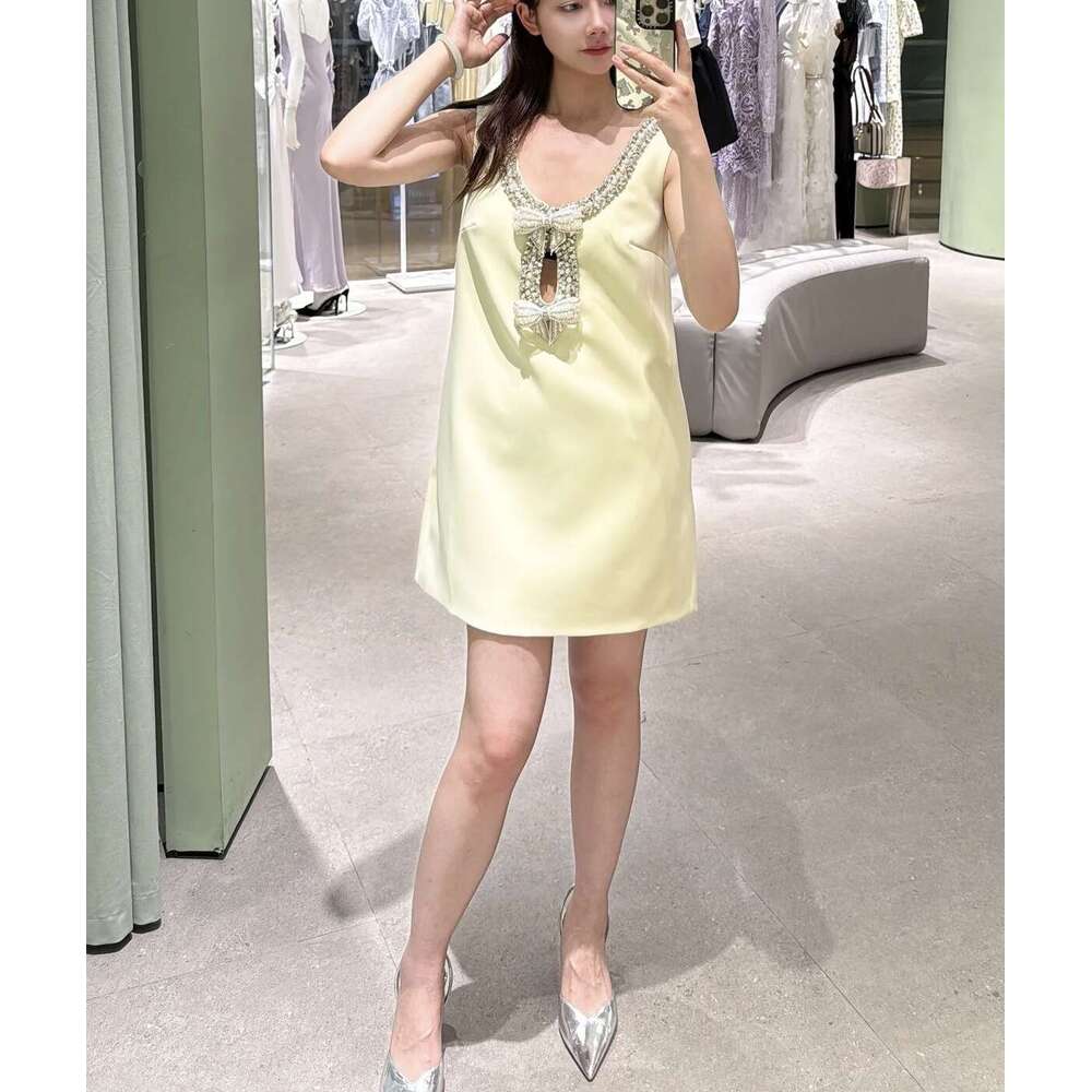 French Niche 2026 Spring Summer New Style Cream Yellow Strap with Beading Elegant Tank Dress