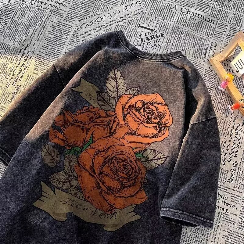 American Oversized Vintage Washed Distressed Short Sleeve T-shirt Men's Ins Trendy Casual Tee