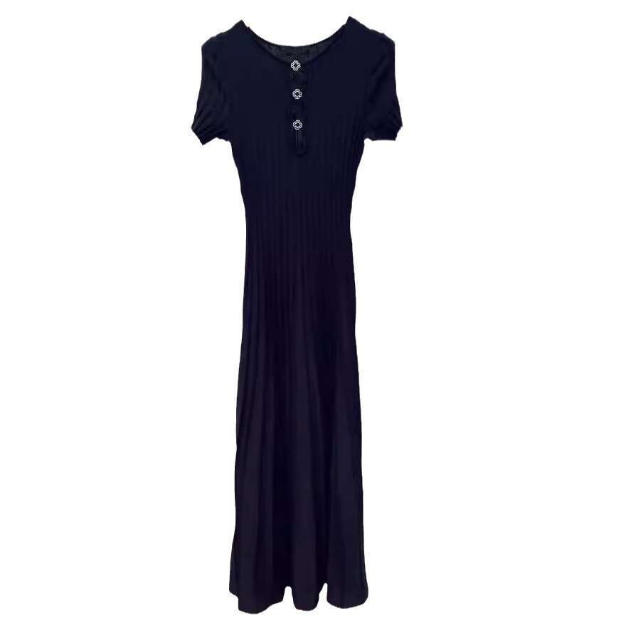 2026 Spring Summer New French Style Niche Hollow Waist Black Knitted Long Dress for Women M