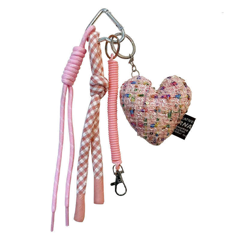 Bag Charm Tweed Heart Bag Charm Keychain with Plaid Tassel Strap Multi-use for Bag Phone