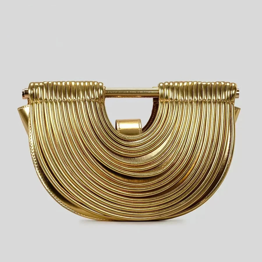 2026 Handbags for Women Gold Handwoven Noodle Bags Half Round Pulled Hobo Silver Evening Clutch Bag 260112