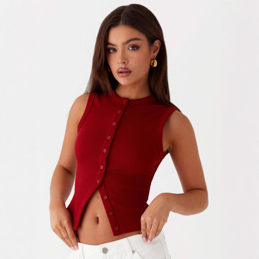 2025 Spring Summer Amazon European and American Hot-Selling Slim Fit Short Ribbed Sleeveless Button Vest T-Shirt Cross-Border Trade for Women