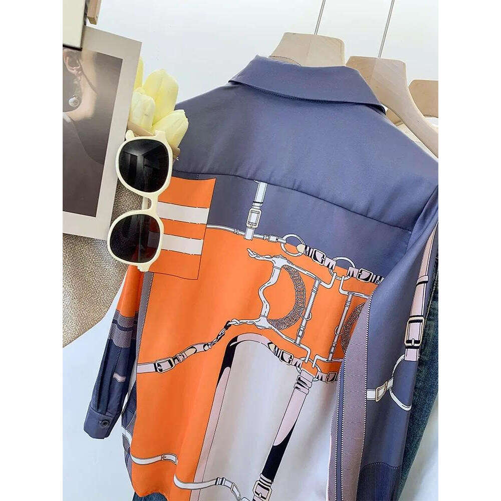 Women's Blouses Silk Orange Blue Equestrian Print Shirt Long Sleeve Casual Button-Down Blouse Lady Top Clothes Printing Plus Size